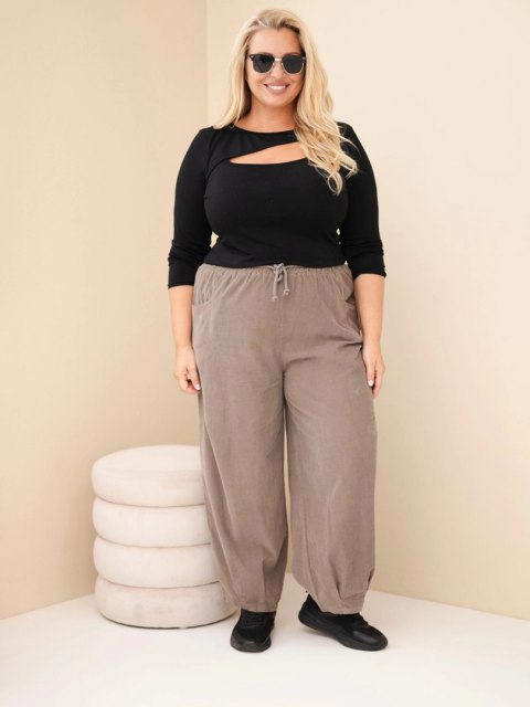Spodnie damskie bawełniane Plus Size sztruksowe z gumką w pasie i kieszeniami fango