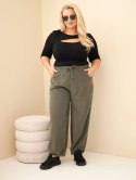 Spodnie damskie bawełniane Plus Size sztruksowe z gumką w pasie i kieszeniami khaki