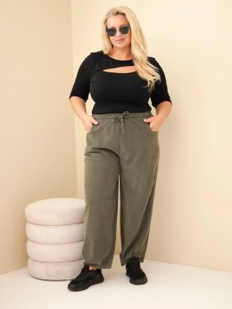 Spodnie damskie bawełniane Plus Size sztruksowe z gumką w pasie i kieszeniami khaki