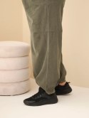 Spodnie damskie bawełniane Plus Size sztruksowe z gumką w pasie i kieszeniami khaki