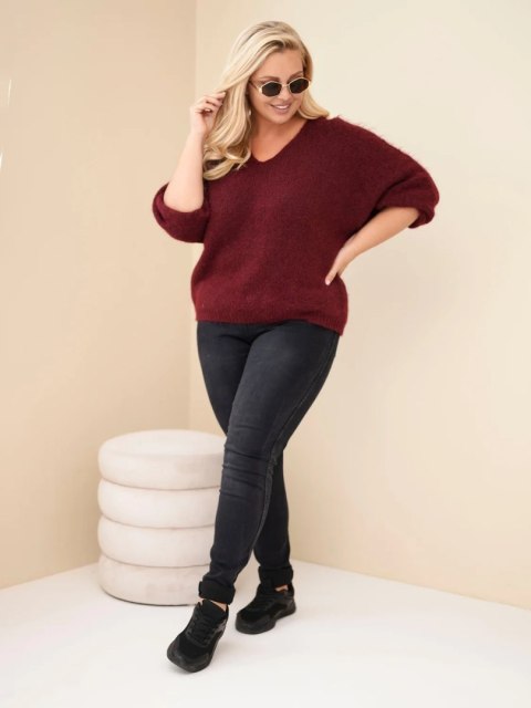 Sweter damski Plus Size z dekoltem V i szerokim rękawem bordowy