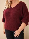Sweter damski Plus Size z dekoltem V i szerokim rękawem bordowy