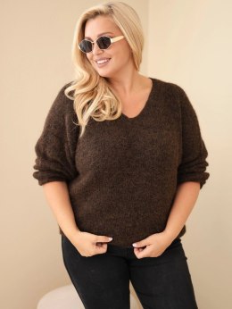 Sweter damski Plus Size z dekoltem V i szerokim rękawem brązowy