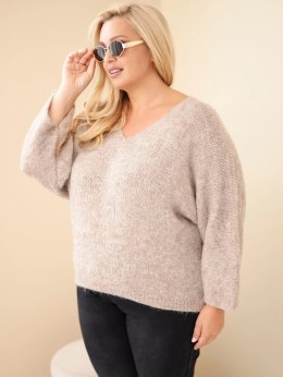 Sweter damski Plus Size z dekoltem V i szerokim rękawem ciemny beżowy