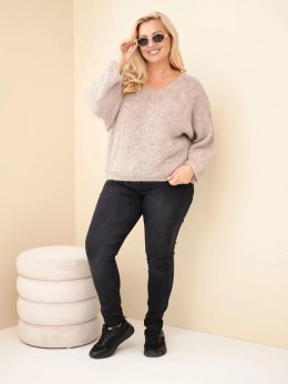 Sweter damski Plus Size z dekoltem V i szerokim rękawem ciemny beżowy