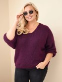 Sweter damski Plus Size z dekoltem V i szerokim rękawem ciemny fioletowy