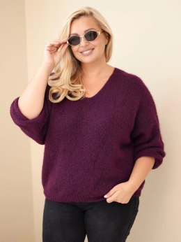 Sweter damski Plus Size z dekoltem V i szerokim rękawem ciemny fioletowy