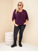 Sweter damski Plus Size z dekoltem V i szerokim rękawem ciemny fioletowy