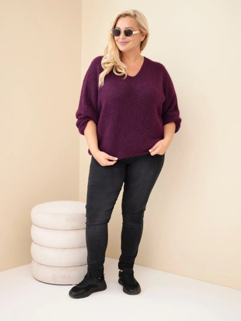 Sweter damski Plus Size z dekoltem V i szerokim rękawem ciemny fioletowy