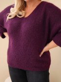 Sweter damski Plus Size z dekoltem V i szerokim rękawem ciemny fioletowy