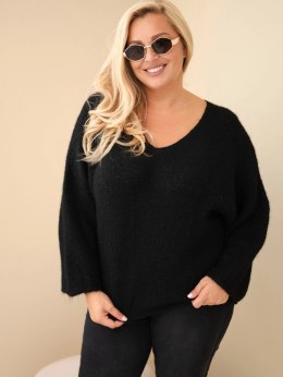 Sweter damski Plus Size z dekoltem V i szerokim rękawem czarny