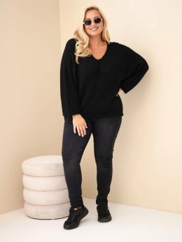 Sweter damski Plus Size z dekoltem V i szerokim rękawem czarny