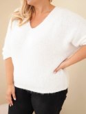 Sweter damski Plus Size z dekoltem V i szerokim rękawem ecru