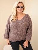 Sweter damski Plus Size z dekoltem V i szerokim rękawem mocca
