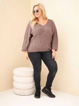Sweter damski Plus Size z dekoltem V i szerokim rękawem mocca