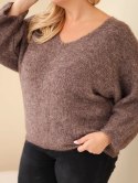 Sweter damski Plus Size z dekoltem V i szerokim rękawem mocca