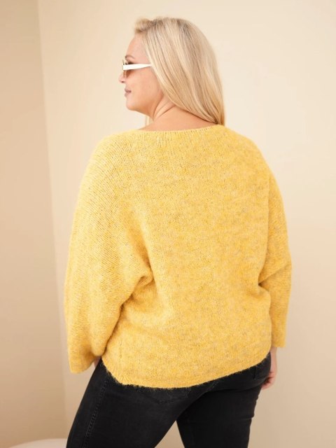 Sweter damski Plus Size z dekoltem V i szerokim rękawem musztardowy