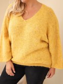 Sweter damski Plus Size z dekoltem V i szerokim rękawem musztardowy