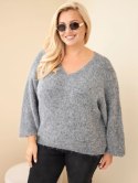 Sweter damski Plus Size z dekoltem V i szerokim rękawem szary