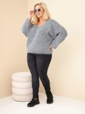 Sweter damski Plus Size z dekoltem V i szerokim rękawem szary