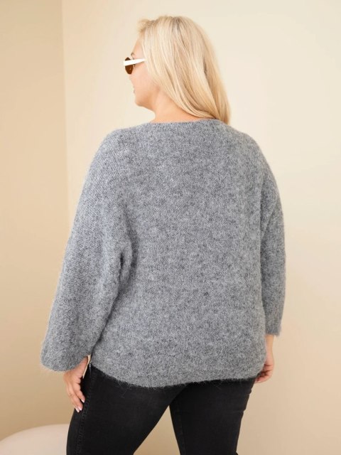 Sweter damski Plus Size z dekoltem V i szerokim rękawem szary