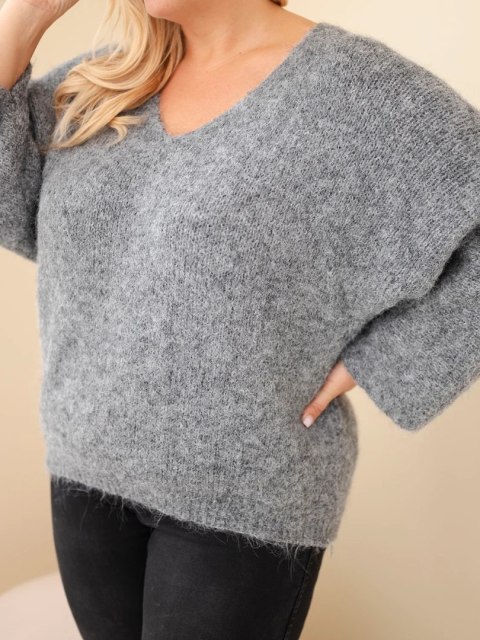 Sweter damski Plus Size z dekoltem V i szerokim rękawem szary