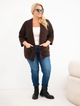 Sweter damski Plus Size z kieszeniami bez zapięcia brązowy