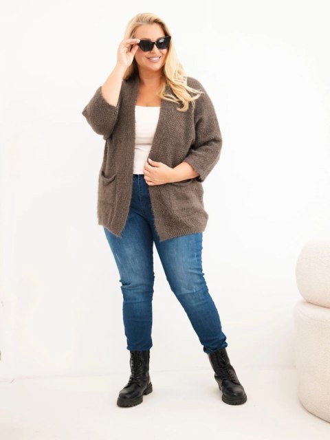 Sweter damski Plus Size z kieszeniami bez zapięcia mocca