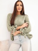 Sweter damski oversize z wiązaniami przy rękawach khaki
