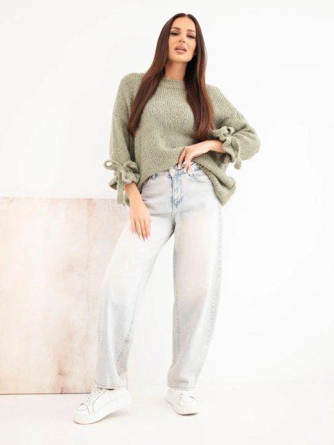 Sweter damski oversize z wiązaniami przy rękawach khaki