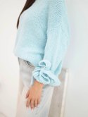 Sweter damski oversize z wiązaniami przy rękawach niebieski