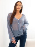 Sweter damski w 70% z kid moheru na guziki z efektem przetarć jeansowy