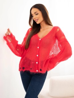 Sweter damski w 70% z kid moheru na guziki z efektem przetarć malinowy
