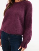 Sweter damski w 80% z kid moheru z długim rękawem i okrągłym dekoltem śliwkowy