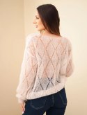 Sweter damski w 80% z moheru ażurowy z dekoltem V beżowy