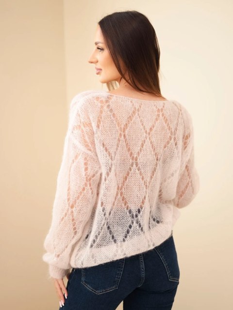 Sweter damski w 80% z moheru ażurowy z dekoltem V beżowy
