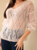 Sweter damski w 80% z moheru ażurowy z dekoltem V beżowy