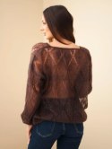 Sweter damski w 80% z moheru ażurowy z dekoltem V brązowy