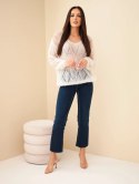 Sweter damski w 80% z moheru ażurowy z dekoltem V ecru