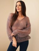 Sweter damski w 80% z moheru ażurowy z dekoltem V fango