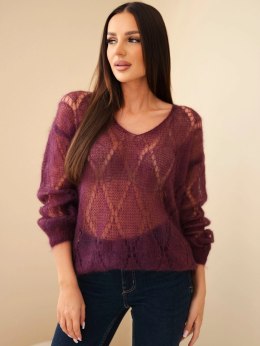 Sweter damski w 80% z moheru ażurowy z dekoltem V śliwkowy
