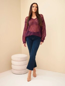 Sweter damski w 80% z moheru ażurowy z dekoltem V śliwkowy