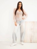 Sweter damski w 80% z moheru ażurowy zapinany na guziki beżowy