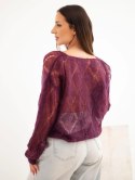 Sweter damski w 80% z moheru ażurowy zapinany na guziki śliwkowy
