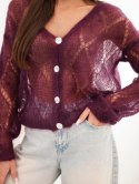 Sweter damski w 80% z moheru ażurowy zapinany na guziki śliwkowy