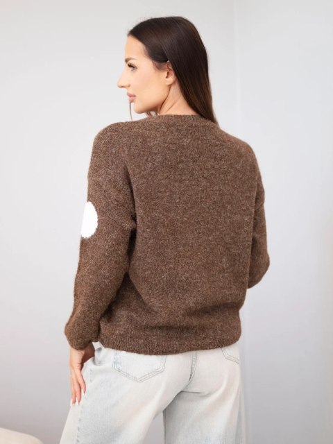 Sweter damski w kolorowe grochy z okrągłym dekoltem brązowy