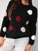 Sweter damski w kolorowe grochy z okrągłym dekoltem czarny
