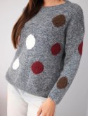Sweter damski w kolorowe grochy z okrągłym dekoltem grafitowy