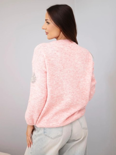 Sweter damski w kolorowe grochy z okrągłym dekoltem pudrowy róż