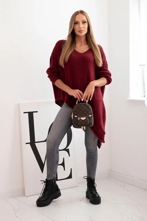 Sweter damski wełniany asymetryczny Plus Size z dekoltem V bordowy